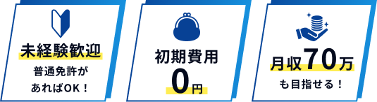 未経験歓迎、普通免許があればOK！初期費用０円、月収70万も目指せる！